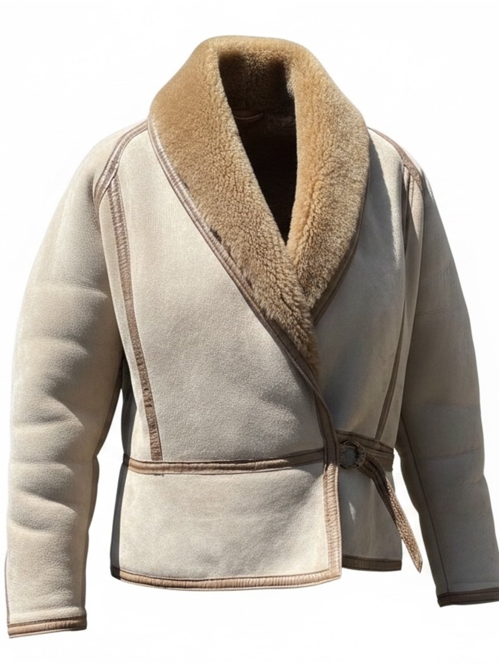 Tan Suede/Shearling Wrap Jacket with Light Brown Trim